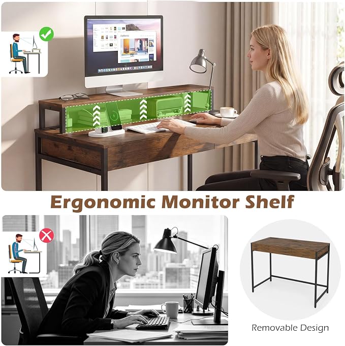 Tangkula Computer Desk with Dual-use Drawer & Keyboard Tray, Home Office Desk with Removable Monitor Shelf & Power Outlets, Modern Writing Desk Study Table for Home Apartment Dorm (Rustic Brown)