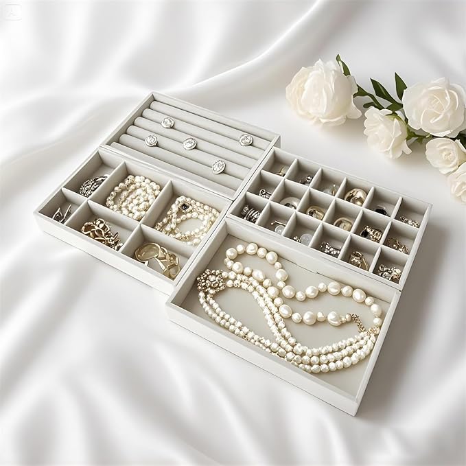 Stackable Jewelry Organizers and Storage with Velvet Jewelry Trays, Earring Organizer and Jewelry Drawer Organizer Inserts for Drawers