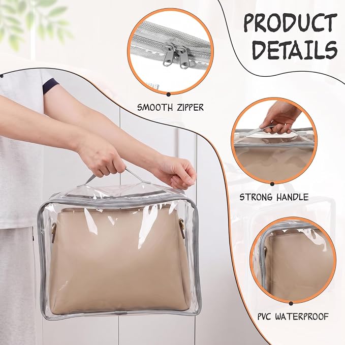 Hsei 12 Pcs Clear Dust Bags For Handbags 4 Sizes Fits Mini Wallet Oversized Tote Bags PVC Waterproof Purse Storage Organizer for Luxury Bag Soft Stand-Up with Zipper Handle for Closet Hanging (Grey)