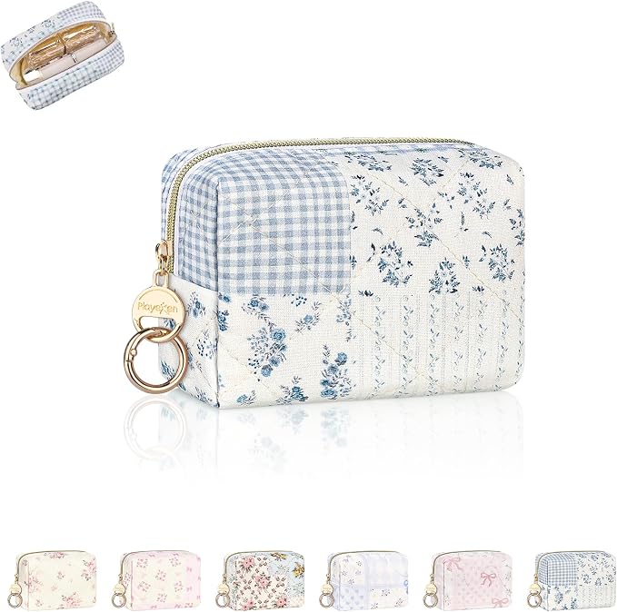 Quilted Mini Makeup Bag, Cute Small Cosmetic Bag for Purse, Blue | Floral Travel Makeup Pouch, Make Up Pouch for Women, Purse Organizer Pouches for Travel/ Gym/ Daily Use, Perfect Gifts