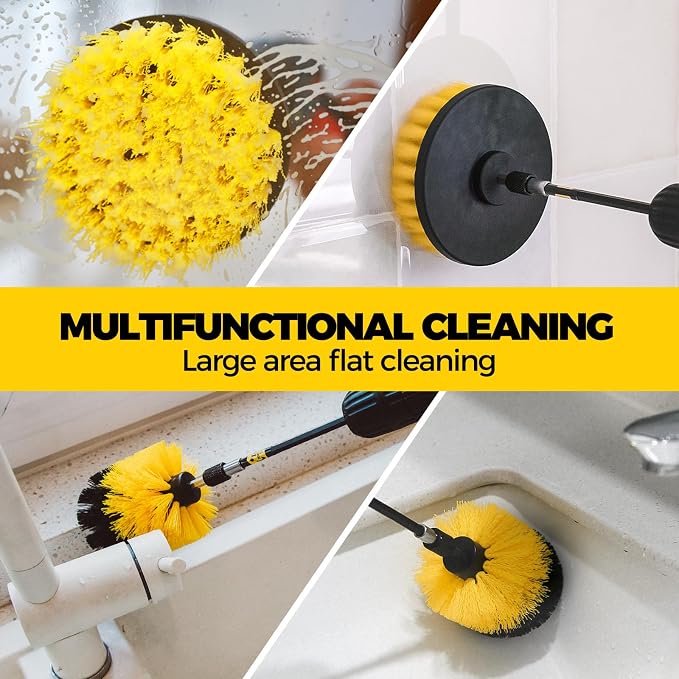 Holikme 9Pack Drill Brush Attachments Set，Power Scrubber Kit for Clean | 8 nylon scrub brushes,1 extend long attachment, tile, tub, shower, floors, kitchen and auto interior care,yellow