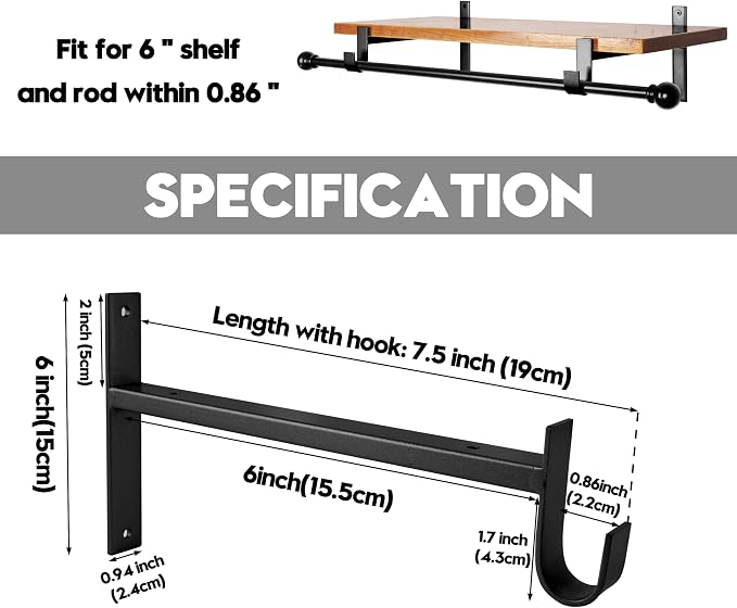 AddGrace Closet Rod Bracket Heavy Duty Shelf Brackets Black 6 Inch 2 Pack | Fit for Closet Wardrobe Laundry Room and Kitchen, with Hook, Store Above and Hang Below, Supports 66 lbs, Easy to Install