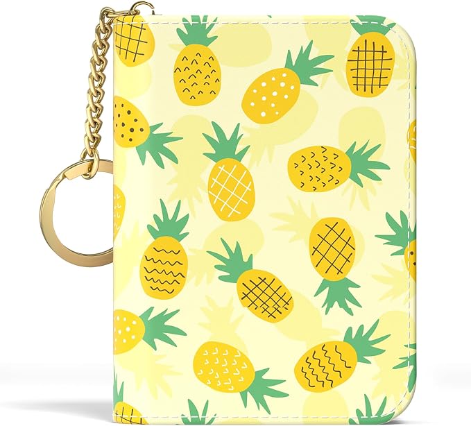 Aiawoxc Credit Card Holder, Small RFID Wallet Slim Leather Card Organizer Case with Zipper and Keychain, Pineapples