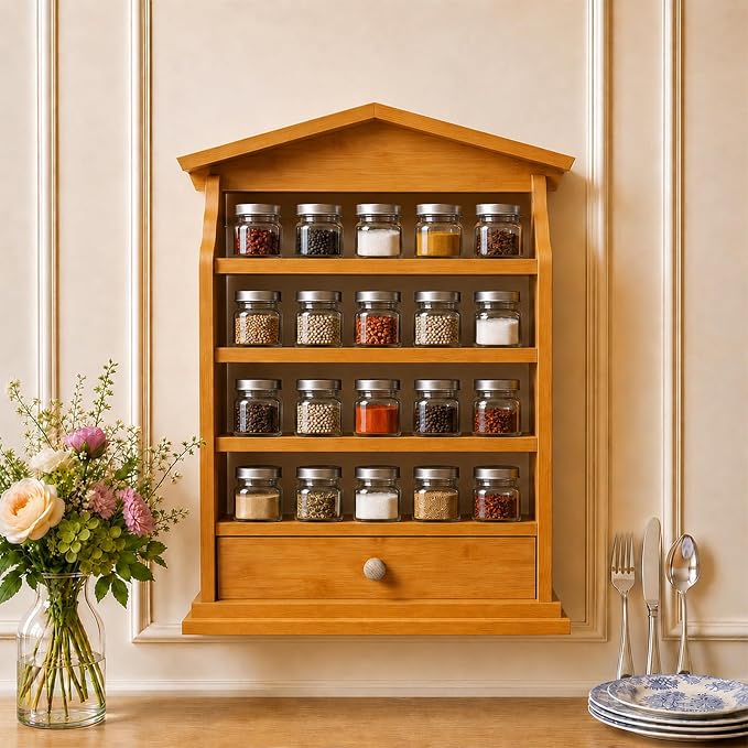 Natural Wood Spice Rack Wall Mount – 4-Tier Wooden Kitchen Organizer with Drawer, Holds 24 Small Spice Jars, Decorative Wall Display Shelf
