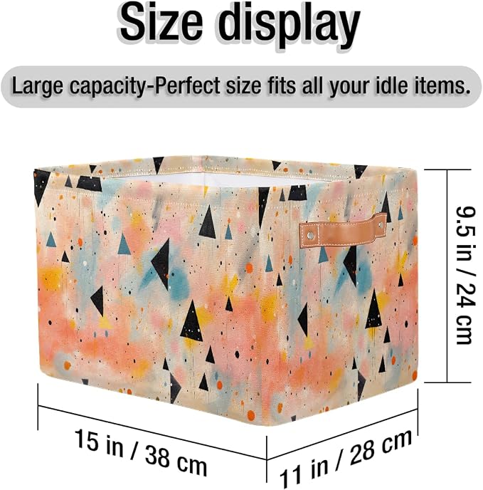 Rectangular Storage Baskets Abstract Colored Triangle Fabric Storage Bin Toy Organizer Box with PU Leather Handles for Room Decor