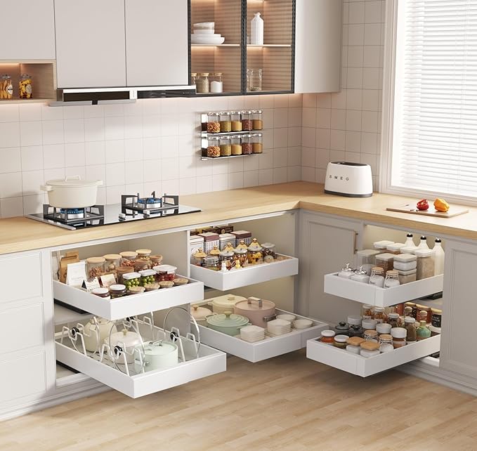 Seinloes 4 Pack Pull out Cabinet Organizer 21" Deep With Raising Pad for Framed Cabinets, Expandable (9"-14" W) Slide out Drawers for Kitchen Cabinets with 4pcs Divider Racks, Roll out Shelves, White