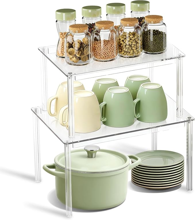 2 Pack Clear Acrylic Spice Rack, 5mm Thick Stackable Cabinet Shelf Riser, No Drill Wall Mounted Kitchen Organizer with Adjustable Feet, Multi-Purpose Storage for Pantry Countertop Bathroom Makeup