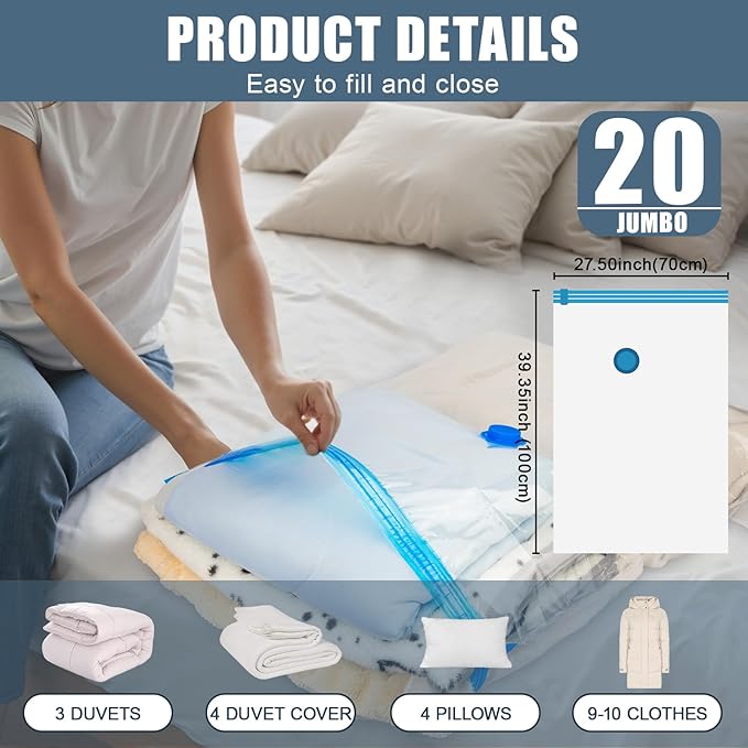 20 Jumbo Vacuum Storage Bags, Vacuum Seal Bags for Clothing Space Saver Compression Storage Bag with Hand Pump Extra Large for Clothing Travel Comforters Blankets Pillow Bedding Duvets Clothes