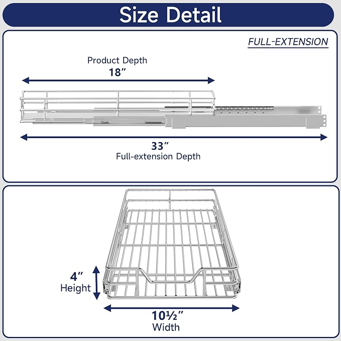 Pull Out Cabinet Organizer, 10.5" W x 18" D, Heavy Duty Chrome Slide Out Shelf for Narrow Base Cabinets, Sliding Wire Basket Drawer for Spices, Bottles, Snacks & Cleaning Supplies