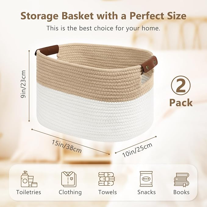 ECDYQXVU 15x10x9 Woven Cotton Rope Storage Basket, Leather Handles 2 Pack | Foldable Design, Sturdy PU Handles, Easy to Clean Organizer for Living Room, Closet, Shelves, Bedroom, Laundry, Clothes