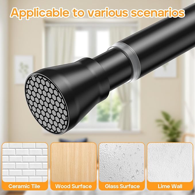 2 Pack Adjustable Tension Rods 45-77 Inch - Black | No-Drill Curtain Rods for Windows & Closets | Spring-Loaded with Non-Slip Rubber Ends | 7/8 Inch Diameter