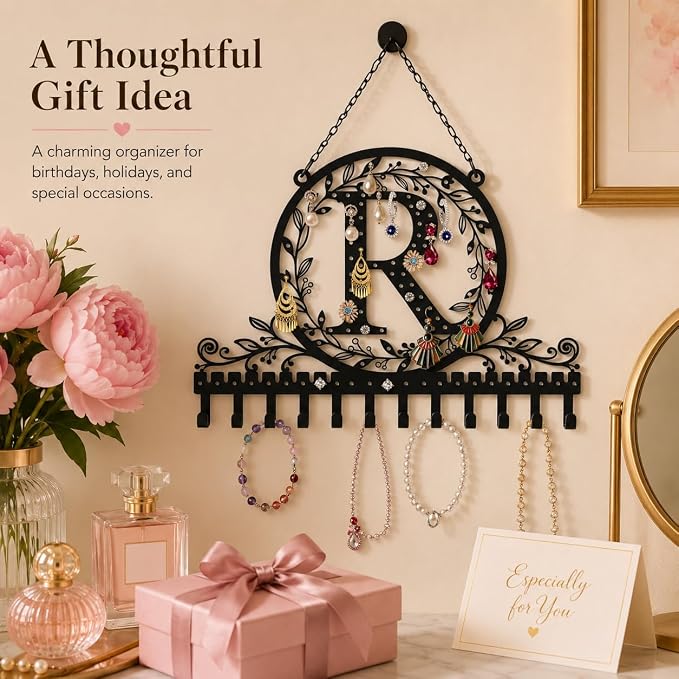 Personalized Wall Mounted Metal Initial Letter R Earring Holder Jewelry Organizer for Earrings and Necklaces Space Saving Wall Display with Hooks Jewelry Storage Bedroom Vanity Gift for Women
