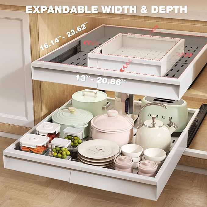 Seinloes 2 Pack Pull Out Cabinet Organizer With Raising Pad for Framed Cabinets,Expandable Width (13"-21") and Depth (17"-24"),3 Slide Rails Slide Out Drawers with Handle,No-Drill Roll Out Shelf,White