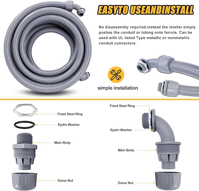 Liquid-Tight Conduit - 1inch 50 Foot Flexible Non Metallic Liquid Tight Electrical Conduit Kit, with 6 Straight and 3 Angle Fittings Included. 1" Dia