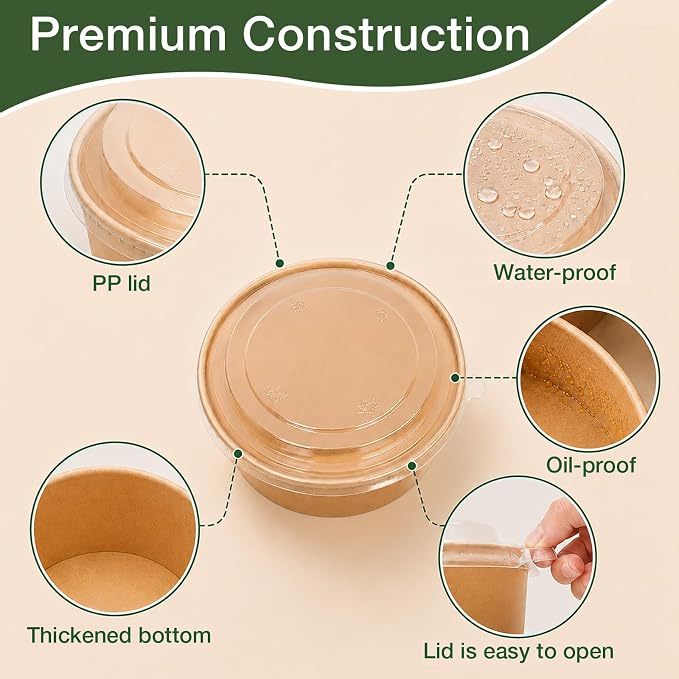 50pks 34oz Disposable Meal Prep Containers, Disposable Bowls with Lids | Disposable kraft paper bowls with lids, Waterproof, Safe for hot & cold food, Perfect for catering, parties, lunch takeout