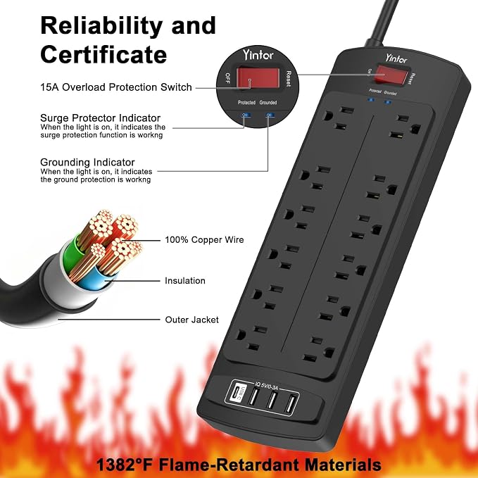 6 Feet Extension Cord Power Strip, Yintar Surge Protector with 12 AC Outlets and 4 USB Ports, 2700 Joules, ETL Listed, Black