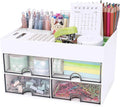 Meiikun Desk Organizer, Office Organizer with Drawer, Desk Accessories & Workspace Organizers, Pen Holder Office Supplies for Desk (4 Drawers+4 Compartments, White)