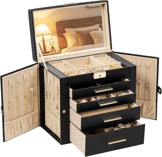 Synthetic Leather Huge Jewelry Box Mirrored Watch Organizer Necklace Ring Earring Storage Lockable Gift Case (Black)