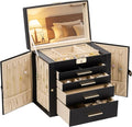 Synthetic Leather Huge Jewelry Box Mirrored Watch Organizer Necklace Ring Earring Storage Lockable Gift Case (Black)