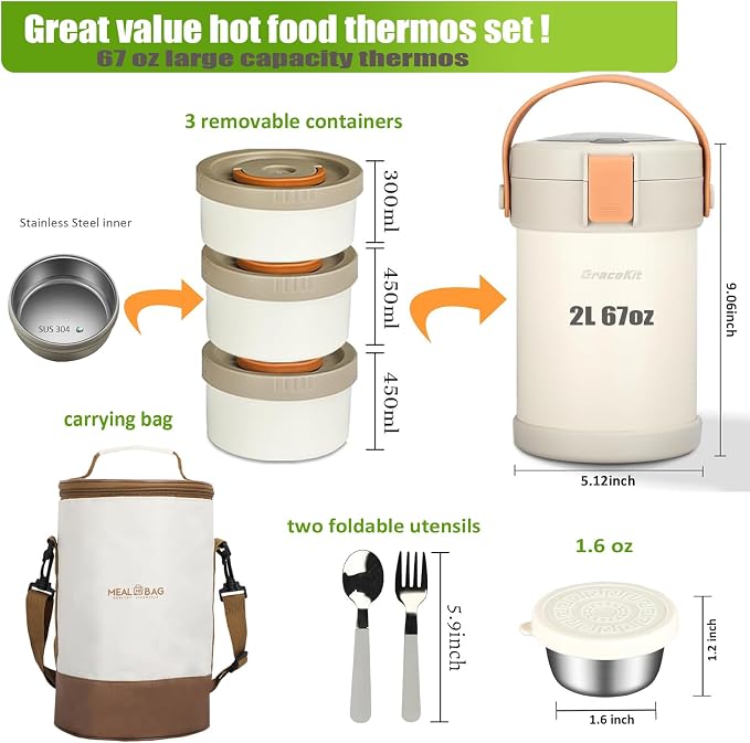 67oz/2L Thermo for Hot Food, 304 Stainless Vacuum Insulated Soup Thermo, Leakproof Thermal Lunch Box with 3 Stackable Bento Boxes & Leakproof Sauce Cups for Adults Office Travel Camping - White