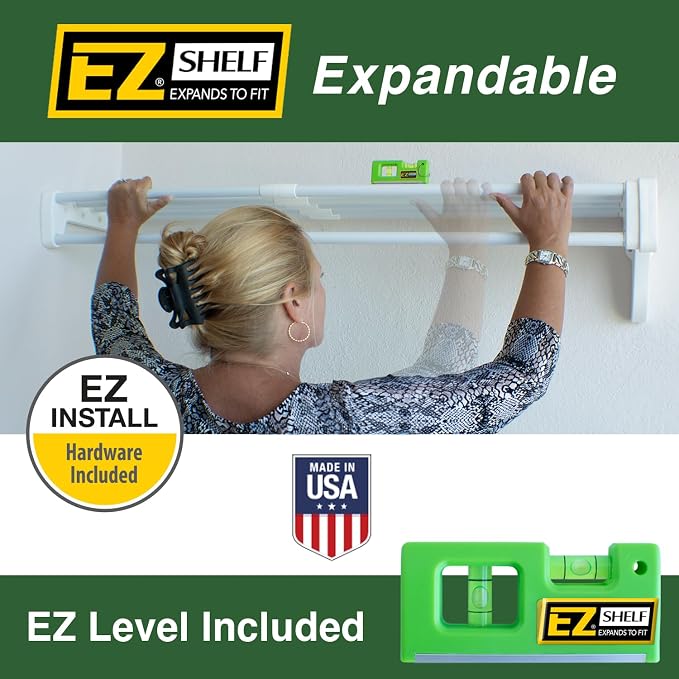EZ Shelf - White Expandable 65.3” to 120” Closet Rod and Shelf - 200 lbs. Capacity – Quick - Install Closet Shelves for Closets, Laundry Rooms, and Offices – Mounts to Back Wall with 2 End Brackets