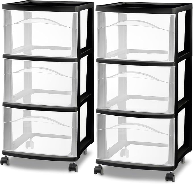 Sterilite 2 Pack 3 Drawer Storage Cart, Plastic Medium Organizer with Wheels, Black - Multipurpose Bin for Crafts, Accessories, or Office Supplies