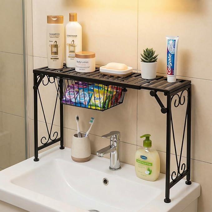 MyGift Expandable Black Metal Over Sink Shelf with Pull Out Drawer | Kitchen & Bathroom Organization, Countertop Space Saver, Adjustable Design, Hidden Drawer, Decorative Scrollwork Accent