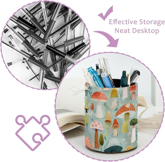Faux Leather Pen Holder for Desk, Pencil Organizer Mushroom Pen Cup Desk Decor Makeup Brush Holder Storage for Office Home