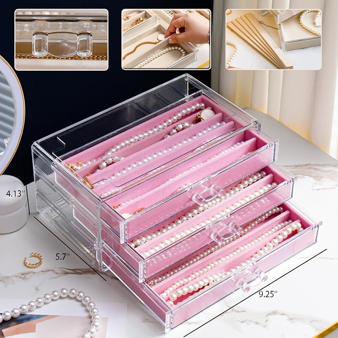 YUFONG Necklace Holder Organizer, Dustproof Necklace Box Velvet Necklace Organizer Box with Lid Clear Acrylic Dustproof Stackable Jewelry Displays for Necklaces Chain Display (Pink, 3 Drawer)