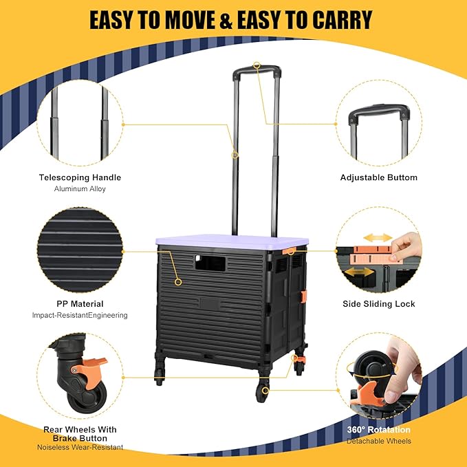 SELORSS Foldable Utility Cart Portable Rolling Crate Handcart Shopping Trolley Collapsible Tool Box with Rotate Wheels Durable Duty Plastic Telescoping Handle Lid for Travel Move Office School(Purple)