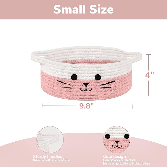 Cute Cat Toy Basket, Small Woven Basket for Nursery, 9.8"x4" | Decorative Basket for Cats Dogs Toys Storage, Cat Basket With Handles, Pet Gift Basket for Living Room, White & Pink