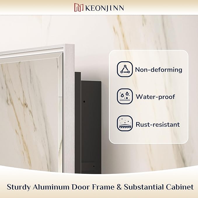Keonjinn 40” x 30” Medicine Cabinets for Bathroom with Mirror Recessed or Surface Wall-Mounted Aluminum Alloy Framed Beveled Mirror with Soft Close Hinge, 2 Doors Silver Mirrored Cabinet