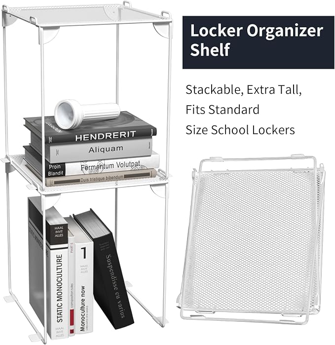 Neudeco Locker Shelf 2 Pack - Organizer for School Gym Office - White 12“ | Stackable, Extra Tall, Collapsible, Metal Mesh Build, Fits Standard Size