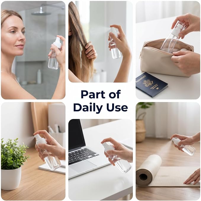 Fine Mist Spray Bottles 2 Pack, 2 oz Clear PETG, Empty Refillable | Mini travel size, PP pump and over-cap, level visible at a glance, for toner, hair water, makeup remover and plants