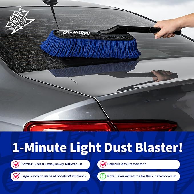 Flash Dog Wood Car Duster & Interior Brush Kit | Scratch-Free Waterless Exterior/Interior Cleaning for Car, SUV, Truck, RV | Waxed Cotton & Microfiber