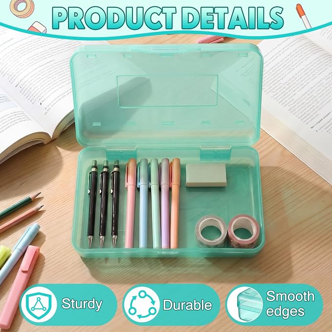 Blulu 6 Pack Large Plastic Pencil Case Box Clear Pencil Boxes Bulk Hard Crayon Box Storage with Snap Lids 8.1 x 4.7 x 2.2 Inch Painting Organizer Classroom Stationery School Supplies (Mint Green)