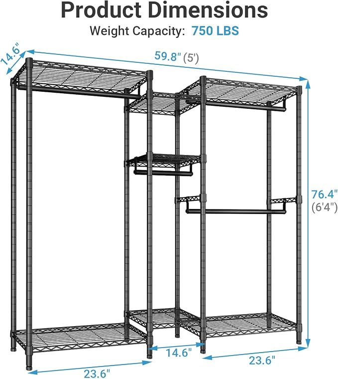VIPEK Classic V6 Medium Heavy Duty Clothes Rack, 7-Tier Garment Rack with Adjustable Shelves, Portable Closet with 4 Hanging Rods, Space-Saving, 750lbs Capacity, 59.8" L x 14.6" W x 76.4" H, Black