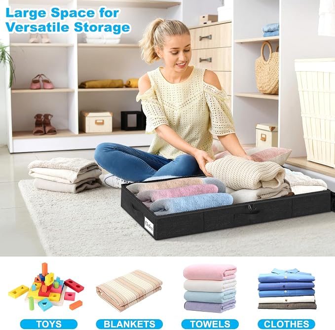 Under Bed Storage Container Bins 4 Pack, 5 Inch Thin Low Profile Underbed Clothes Storage Organizer for Dorm & Home, Use for Blanket and Toy Storage Box W/ Sturdy Bottom/Sides, Foldable Thick Fabric