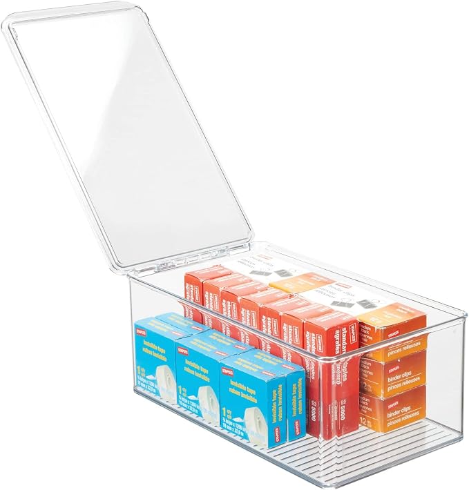 mDesign Plastic Stackable Home Office Storage Organizer Box with Hinge Lid - Holder Container Bin for Note Pads, Gel Pens, Staples, Dry Erase Markers, Tape, Supplies - Lumiere Collection - Clear