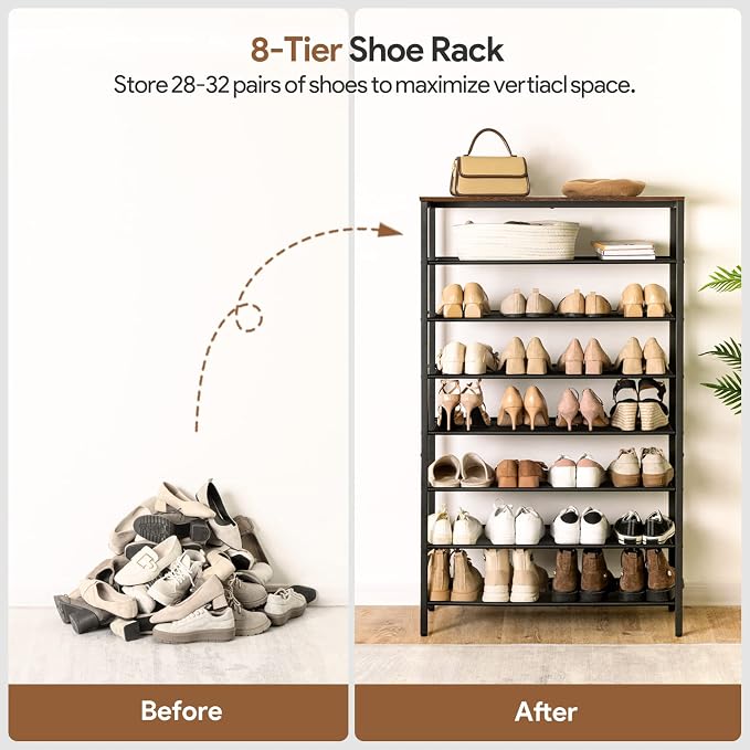 MAHANCRIS 8 Tier Shoe Rack Organizer for Closet, Holds 28-32 Pairs, Tall Metal Shoe Storage Shelf for Entryway Bedroom, Sturdy Freestanding Shoe Rack Space Saving, Large Capacity, Rustic Brown