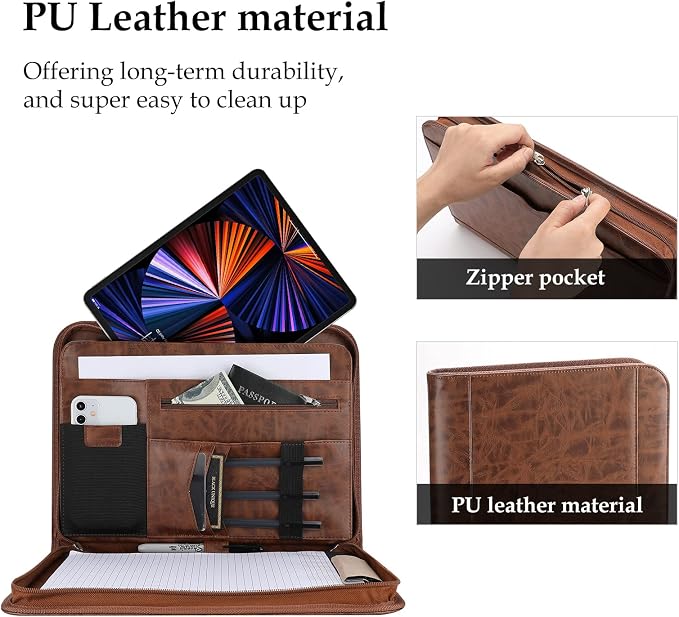 ProCase Portfolio Business Padfolio Folder with Zipper -Brown | Conference Meeting Executive File Legal Document Organizer with Pockets Letter Size A6 Writing Pad Notepad Padfolio