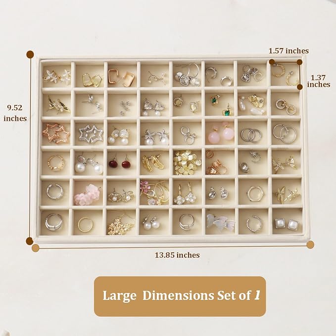 Large Jewelry Organizer for Drawer Insert Velvet Stackable Jewelry Trays for Earring Necklace Bracelet Ring Display (Beige, 48 Grids)