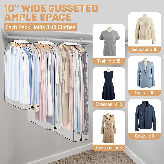6 Pack Garment Bags for Hanging Clothes, 40"/50"/60" Suit Bags for Open Closet, 10" Gusseted Waterproof Dustproof Clothes Storage Closet, Dress, Coat, Travel(Transparent Style,Clear)
