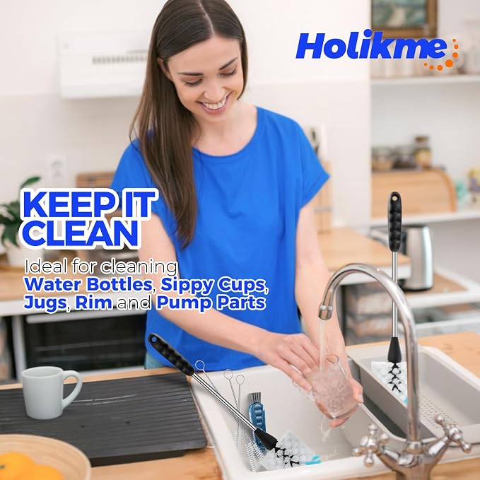 Holikme 6 Pack Bottle Brush Set, 14" Long Handle Stainless Steel Bottle Cleaner Brush, 3 Straw Brushes, 4-in-1 Bottle Cleaning Brush for Water Bottle, Baby Bottle, Blue&White