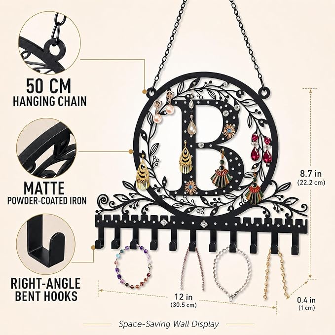 Wall-Mounted Metal Initial Letter B Earring Holder Hanging Jewelry Organizer for Earrings and Necklaces Space-Saving Wall Display with Hooks for Jewelry Storage