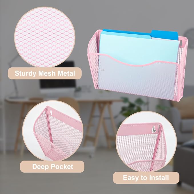EASEPRES 3 Single Pocket Mesh Hanging File Organizer, Vertical Wall Mounted Magazine File Holder, Mount Basket Mail Paper Document Folder Organizing for Office, Home and School, Pink