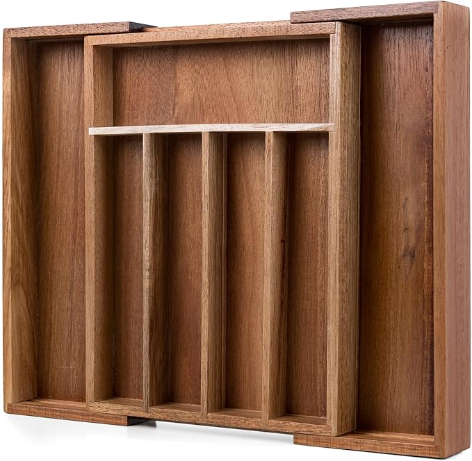 Fibogollo Expandable Kitchen Drawer Organizer,Acacia Wood Silverware Organizer,Adjustable Flatware Tray for Utensils(13.78 * 10.24~16.14 * 1.97)
