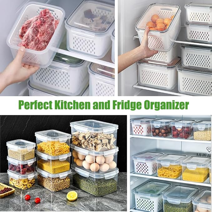 5 Pack Fruit Storage Containers for Fridge with Removable Colander, Produce Containers BPA-free Fridge Organizer to Keep Berry Lettuce Vegetable Fresh, Dishwasher & Microwave Safe