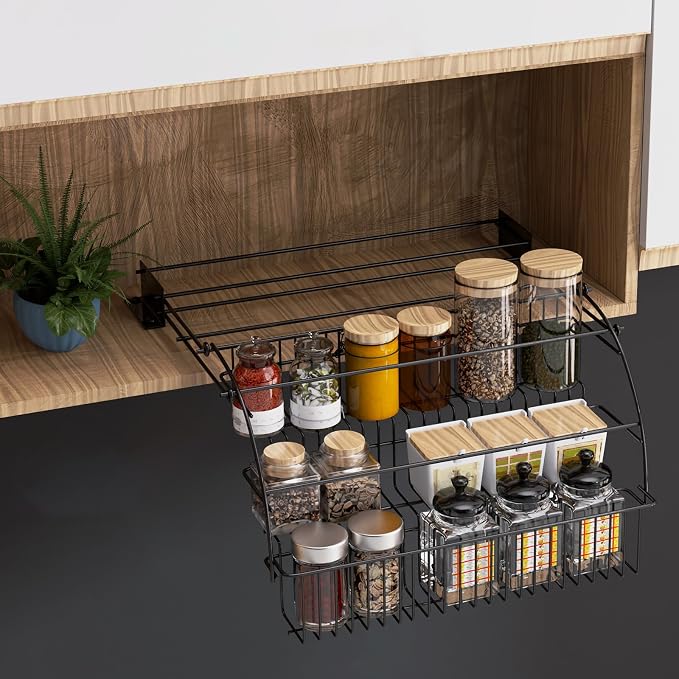 Spice Rack Organizer, 3 Tier Retractable Pull Down Cabinet Mount, Space Saving Design, Rust Resistant Heavy Duty with Railing Stopper & Mounting Screws for Kitchen Cabinet Pantry Cupboard