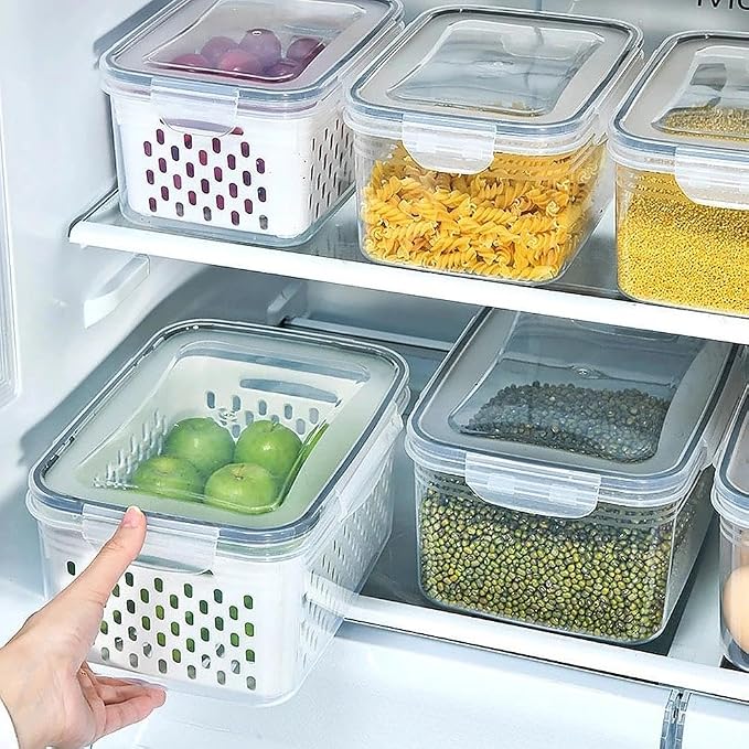 Yuonry 4 in 1 Food Storage Container, Fruit Storage Containers for Fridge, Produce Containers with Lid and Strainer, Including Drain Basket, Multipurpose Large Fruit Container for Fridge(Grey)
